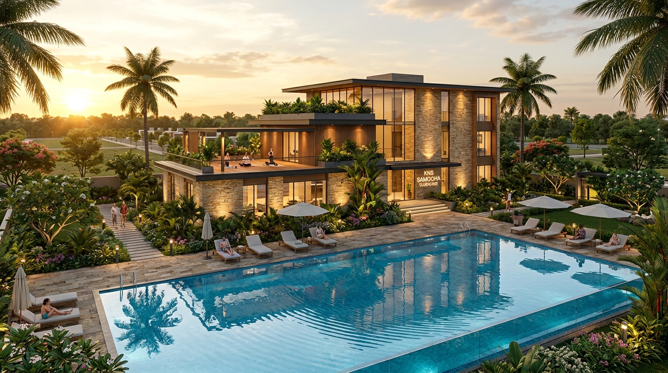 KNS Samooha — Grand Clubhouse & Swimming Pool Render